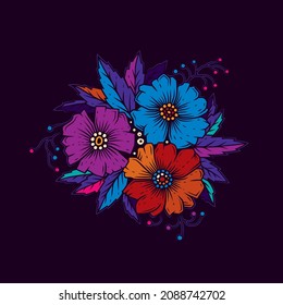 Ilustración vectorial original en estilo neón. Un ramo de flores brillante.