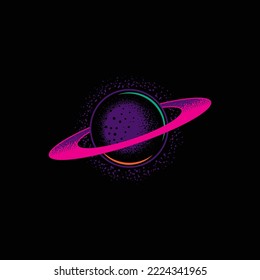 Original vector illustration in neon style. A planet in space. A design element. T-shirt or sticker design.