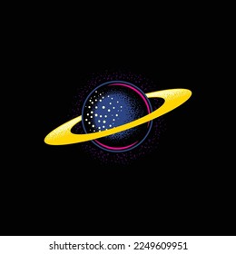 Original vector illustration in neon style. A planet in space. A design element. T-shirt or sticker design.