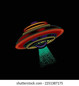 Original vector illustration in neon style. A flying saucer. Unidentified flying object. A design element.