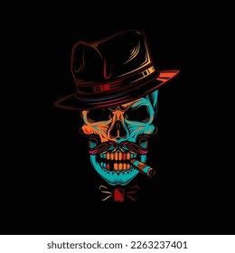 Original vector illustration in neon style. Skull gangster in hat, with mustache, and cigar in mouth