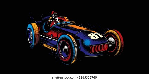 Original vector illustration in neon style. An old vintage racing car.