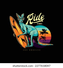 Original vector illustration in neon style. Kangaroo wearing glasses with a surfboard. T-shirt design, design element.