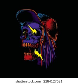 Original vector illustration in neon style. Skull rocker in a baseball cap with hair on one side.