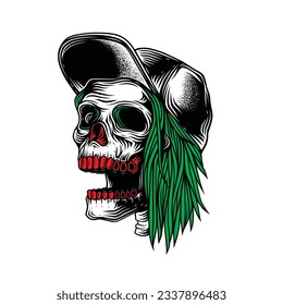 Original vector illustration in neon style. Skull rocker in a baseball cap with hair on one side.