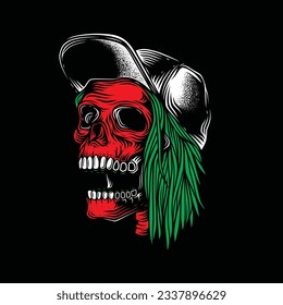 Original vector illustration in neon style. Skull rocker in a baseball cap with hair on one side.