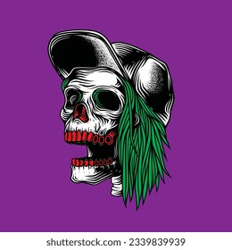 Original vector illustration in neon style. Skull rocker in a baseball cap with hair on one side.
