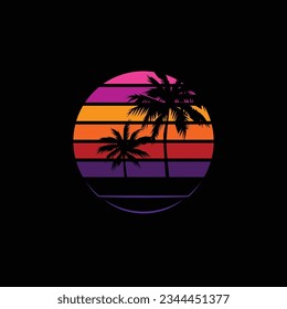 Original vector illustration in neon style. Palm trees on the background of a neon sunset in the retro style of the 80's. T-shirt design.