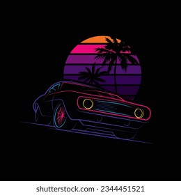 Original vector illustration in neon style. American muscle car on the background of sunset and palm trees. T-shirt design