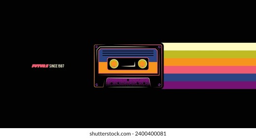 Original vector illustration. An old audio cassette on a retro background. A design element. Print on a T-shirt. Hand drawn, hot AI