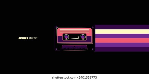 Original vector illustration. An old audio cassette on a retro background. A design element. Print on a T-shirt. Hand drawn, not AI