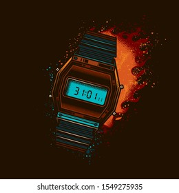 Original vector illustration. Old electronic wristwatch with alarm clock and flashlight in retro style on the background of a bright flame of fire.
