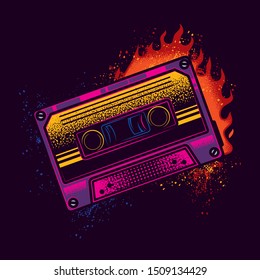 Original vector illustration of an old neon cassette with magnetic film on the background of a bright fire