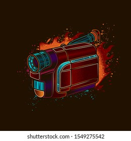 Original Vector Illustration. An Old VHS Camcorder In Retro Style Against A Bright Flame Of Fire.