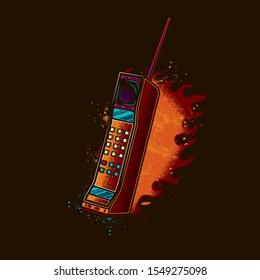 Original vector illustration. Old wireless, mobile phone in retro style on the background of a bright flame of fire.