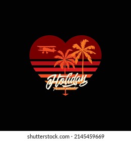 Original vector illustration. Palm trees and a plane on the background of a retro sunset in the shape of a heart in the style of the 80s. T-shirt design, design element.
