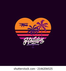 Ilustración vectorial original. Palmeras y un plano al fondo de una puesta de sol retro en forma de corazón al estilo de los años 80. Diseño de camisetas, elemento de diseño.