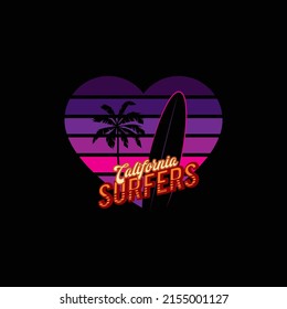 Original vector illustration. Palm trees and surfing on the background of a retro sunset in the shape of a heart in the style of the 80s. T-shirt design, design element.