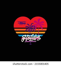 Original vector illustration. Palm trees and a plane on the background of a retro sunset in the shape of a heart in the style of the 80s. T-shirt design, design element.