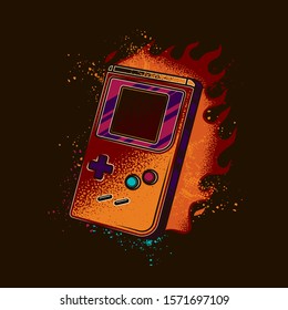 Original vector illustration. Portable retro console in vintage style on the background of a bright flame of fire.