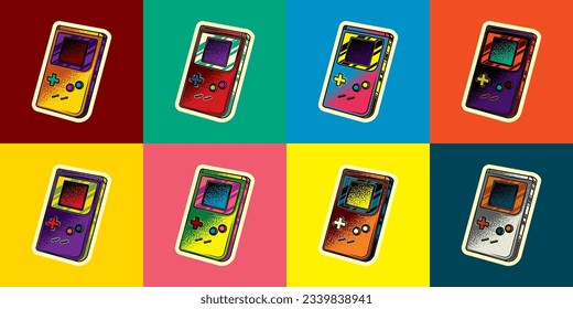 Original vector illustration. Portable retro game console in vintage style. T-shirt design, design element.