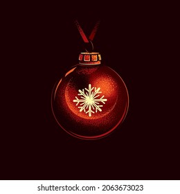 Original vector illustration. A red Christmas tree toy with a picture of a snowflake in a vintage style.