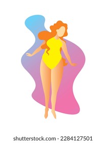 Ilustración vectorial original. Una chica positiva de cabello rojo, con traje de baño amarillo, al fondo de un punto abstracto azul. Un elemento de diseño.