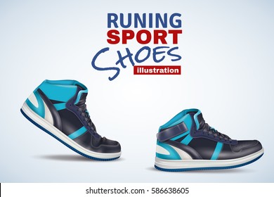 Original vector illustration for retail trade with running leather sport shoes in light and dark shades of blue 