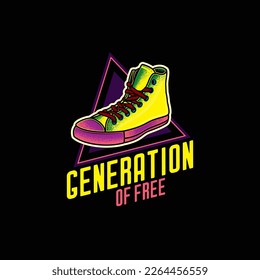 Original vector illustration. Retro emblem. Retro sneakers in neon style. T-shirt design, design element.