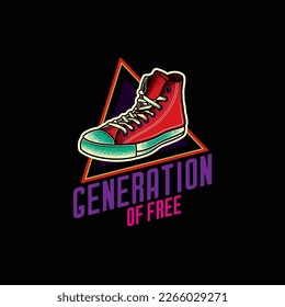 Original vector illustration. Retro emblem. Retro sneakers in neon style. T-shirt design, design element.