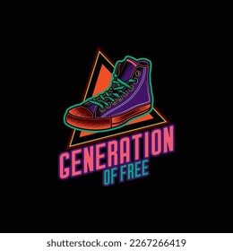 Original vector illustration. Retro emblem. Retro sneakers in neon style. T-shirt design, design element.