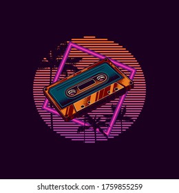 Original vector illustration in retro neon style of the 80's. Audio tape against the background of palm trees and neon sunset.