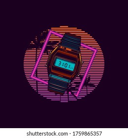 Original vector illustration in retro neon style of the 80's. Old electronic wristwatch with alarm clock and flashlight against the background of palm trees and neon sunset.