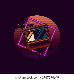 Original vector illustration in retro neon style of the 80's. 8-bit console game cartridge on a background of palm trees and neon sunset.