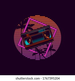 Original vector illustration in retro neon style of the 80's. Old VHS videotape in retro style the background of palm trees and neon sunset.