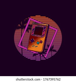 Original vector illustration in retro neon style of the 80's. Portable game console the background of palm trees and neon sunset.