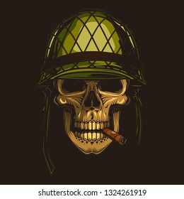 Original vector illustration of a retro skull soldier in a helmet with a cigar in his mouth