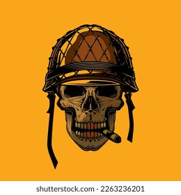 Original vector illustration of a retro skull soldier in a helmet with a cigar in his mouth