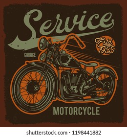 Original vector illustration in retro style. Classic American motorcycle on dark background