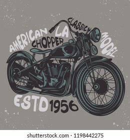 Original vector illustration in retro style. Classic American chopper on grey background