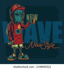 Original vector illustration in retro style. Alien in a cap, with a can of paint in his hands, on the background of the inscription.