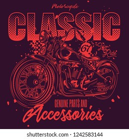 Original vector illustration in retro style. Classic American motorcycle in neon style.