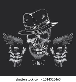 Original vector illustration in retro style. Skull-gangster with mustache, hat, cigar in his teeth and pistols in his hands