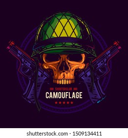 Original vector illustration in retro style. The neon emblem of the shooting club. Skull in military helmet with two pistols
