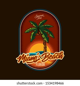 Original vector illustration in retro style. Emblem with palm tree on the beach, against the background of the sea and sunset.