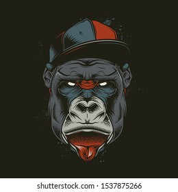 Original vector illustration in a retro style. Evil gorilla head in stylish retro style cap. T-shirt or sticker design