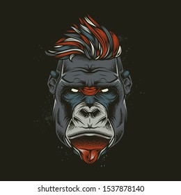 Original vector illustration  in a retro style. Hipster gorilla with stylish hairstyle . T-shirt or sticker design