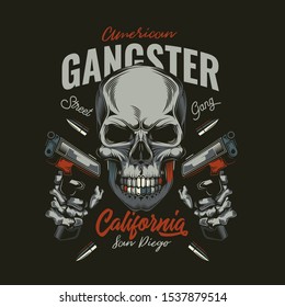 Original vector illustration in retro style. Skull bandit with two guns in his hands. T-shirt or sticker design.
