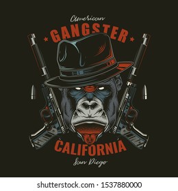 Ilustración vectorial original en un estilo retro. Gorila enojada en un sombrero sobre dos armas con silenciadores. Diseño de pantalones en T o adhesivo.