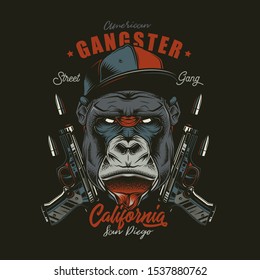 Original vector illustration in a retro style. Angry gorilla in a baseball cap, on the background of two guns. T-shirt or sticker design.